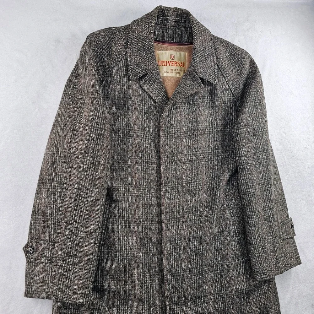 Vtg 80's Universal Tweed Balmacaan Raglan Coat 40S Tartan Plaid Zip Liner Fleck